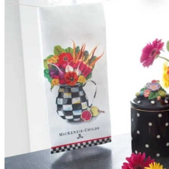 MacKenzie-Childs Checkered Pitcher Tea Towel with Vegetables - NWT - Picture 2 of 5